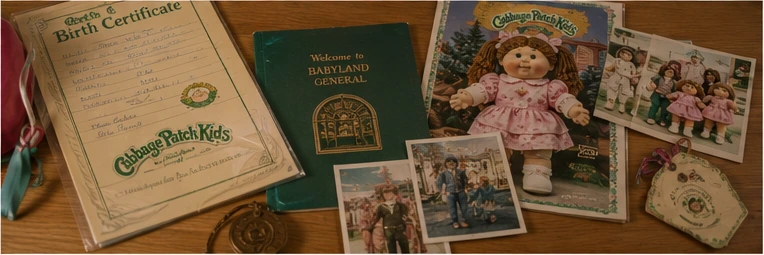 Vintage doll birth certificate, adoption papers, photographs, books, catalogs, and collector memorabilia arranged on a table