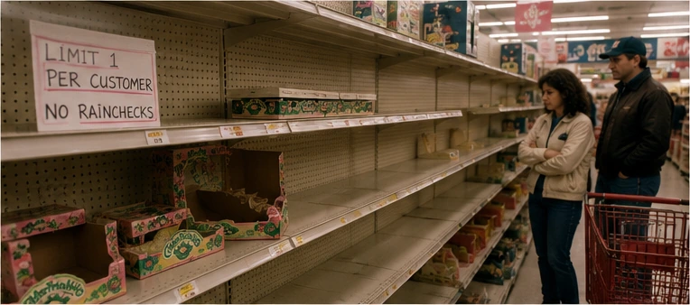 Nearly empty 1983 doll aisle with purchase-limit notice and disappointed shoppers beside abandoned display boxes