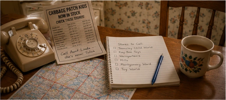 1983 kitchen table with rotary phone, road map, newspaper store list, coffee, and handwritten shopping notes