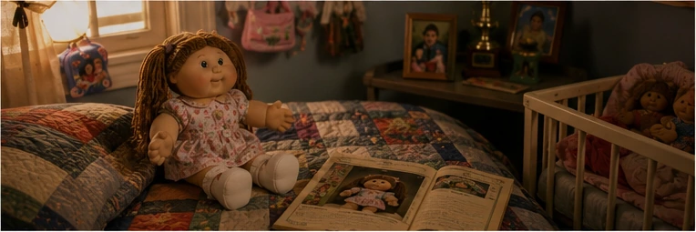 Warm 1980s bedroom memory with a well-loved yarn-haired doll, quilt, toy crib, catalog, and adoption papers