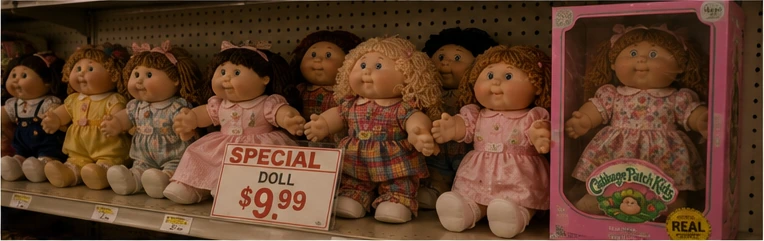 Toy-store shelf comparing similar soft-bodied imitation dolls with a carefully boxed original-style doll
