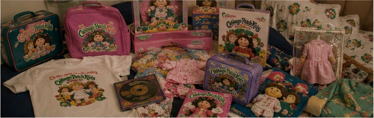 1980s bedroom display of doll lunchboxes, clothing, records, books, bedding, school supplies, and licensed merchandise