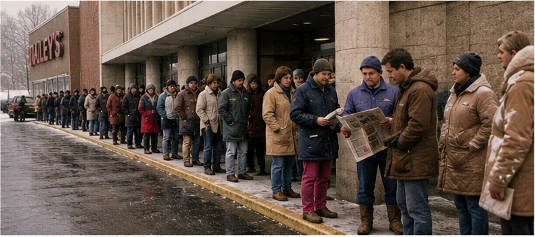 Long winter morning line outside an 1980s department store as parents wait for a limited doll shipment
