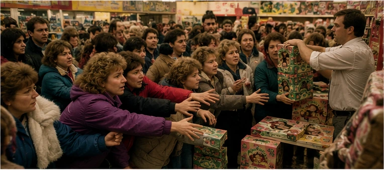 Crowded 1983 toy-store shipment distribution as shoppers reach toward boxed dolls and an employee manages the rush