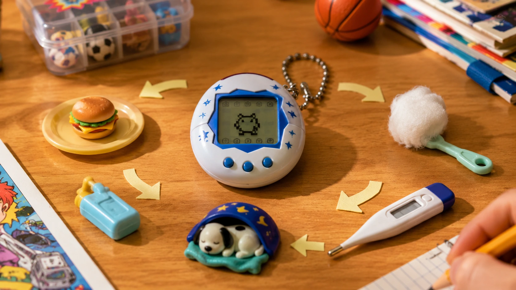 Digital pet care routine shown with food, sleep, medicine and cleaning objects on a 1990s desk