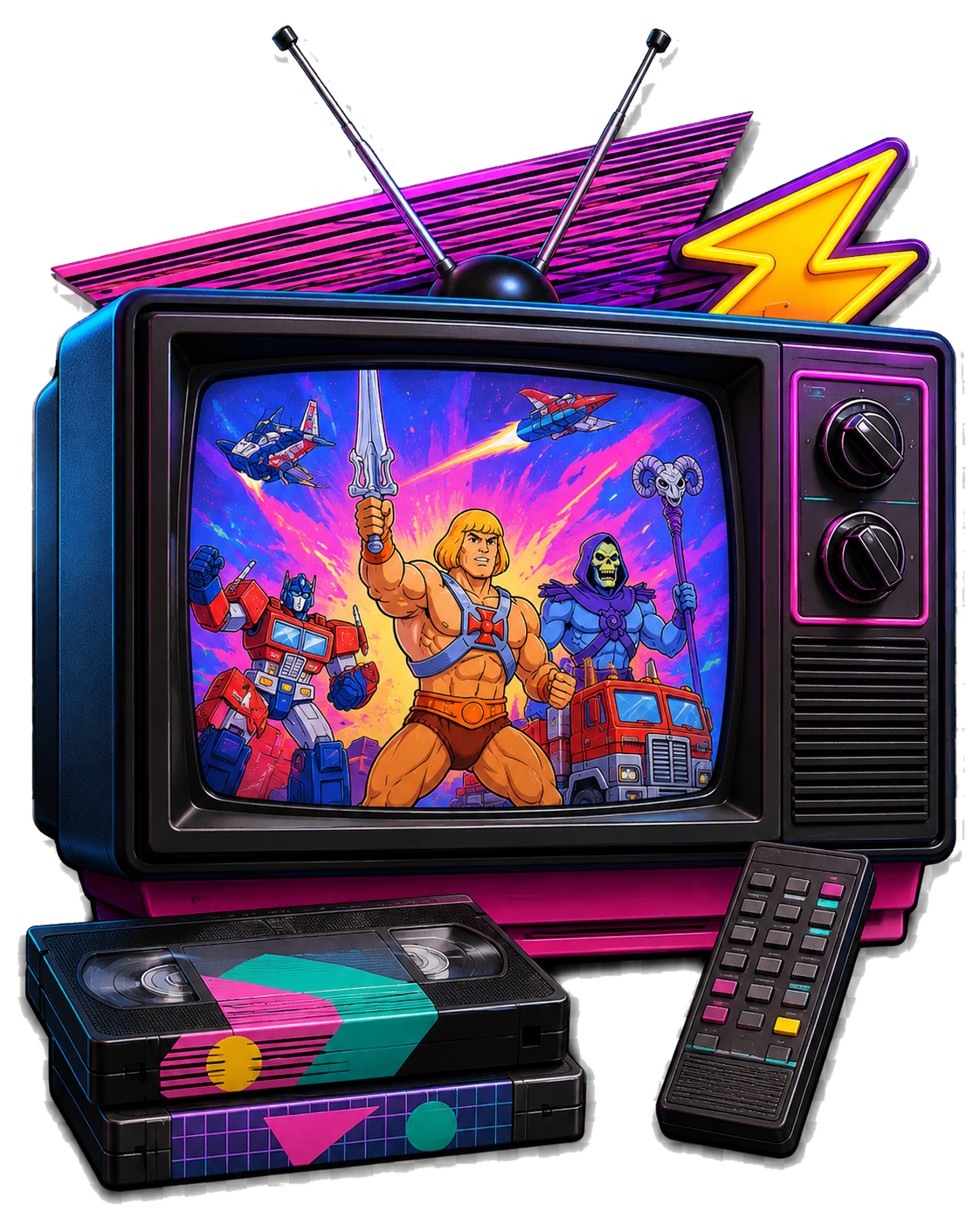 Retro CRT television, VHS tapes and remote recalling 80s toy cartoons and commercials