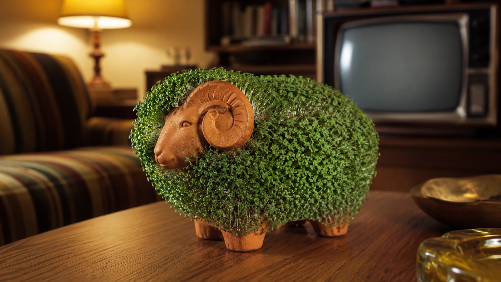 Fully grown ram-shaped Chia Pet displayed in a warm 1980s living room beside a vintage television