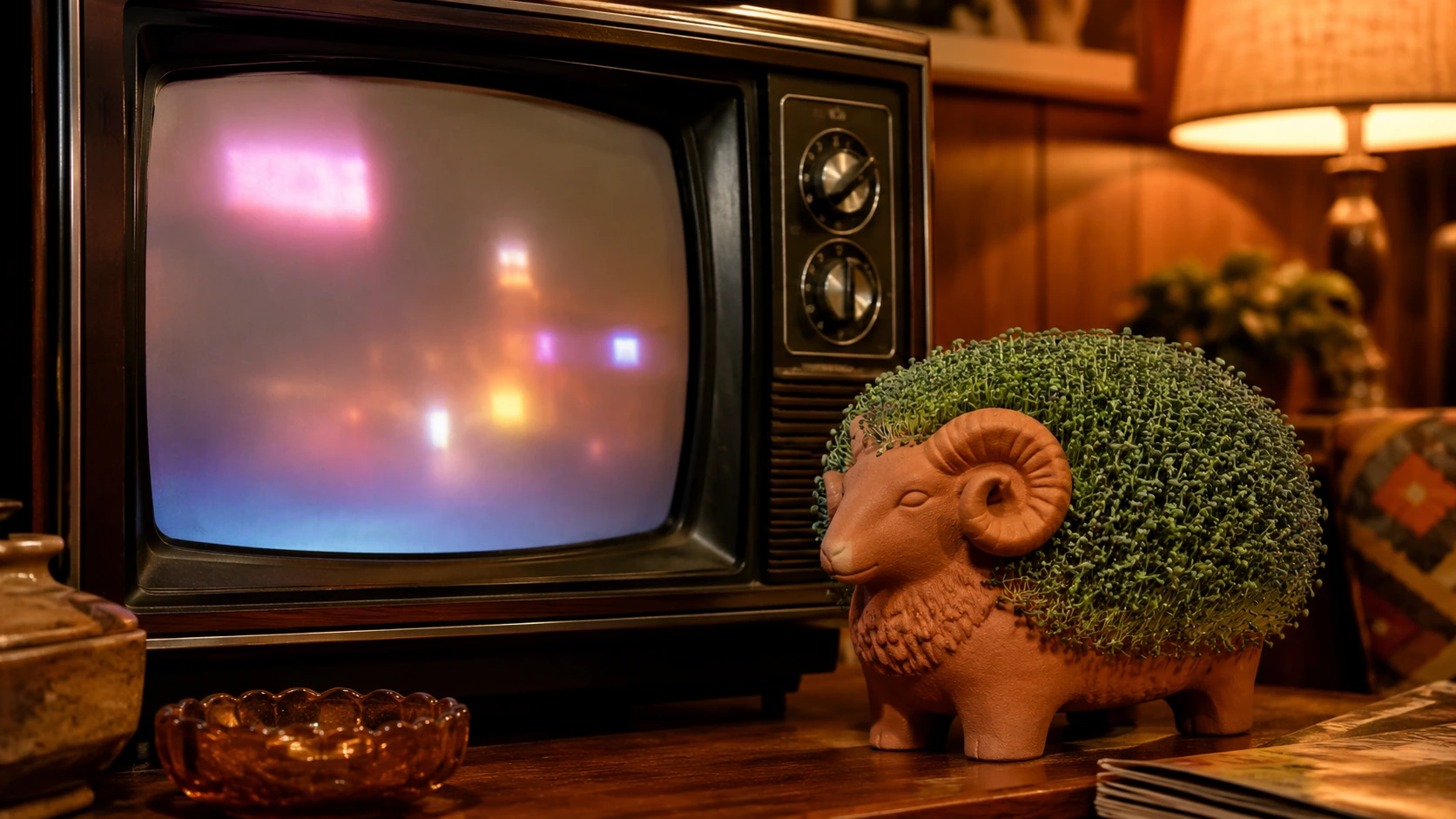 Ram-shaped Chia Pet beside a glowing vintage CRT television in a wood-paneled 1980s living room