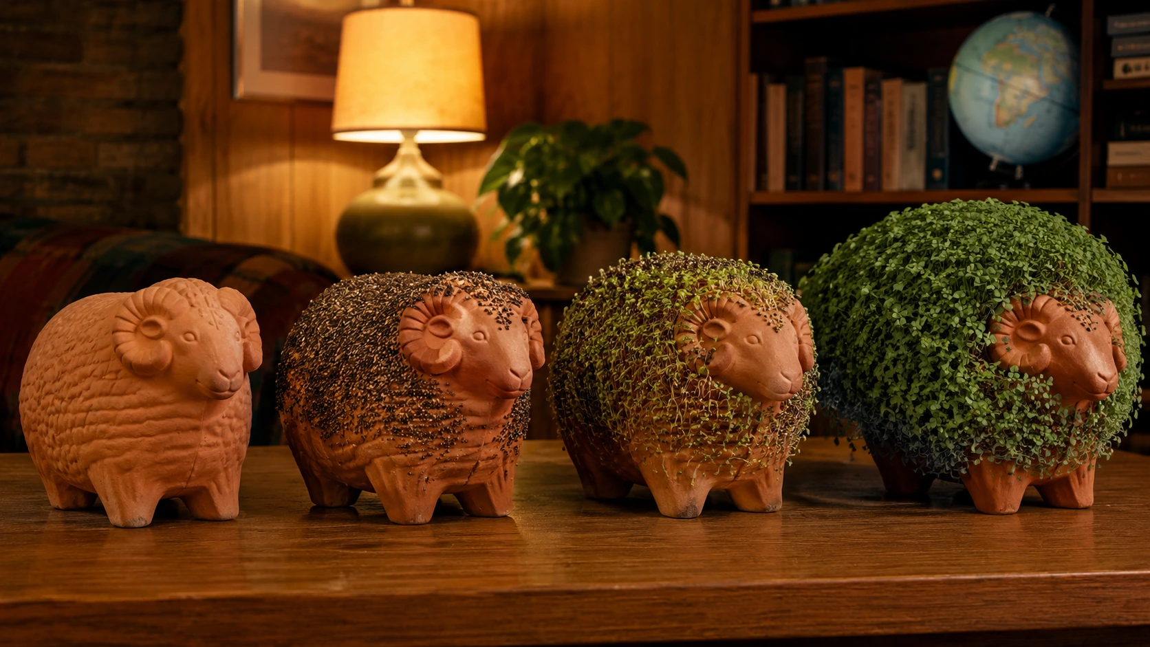 Four ram-shaped terra-cotta planters showing Chia seed growth from bare clay to a fully sprouted green coat