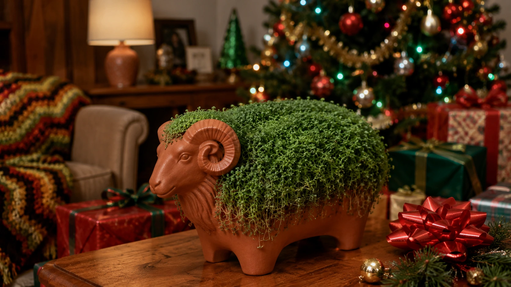 Fully grown ram-shaped Chia Pet displayed among wrapped Christmas gifts beside a decorated holiday tree