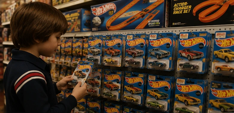 A child choosing among rows of carded toy cars in a 1970s department-store aisle