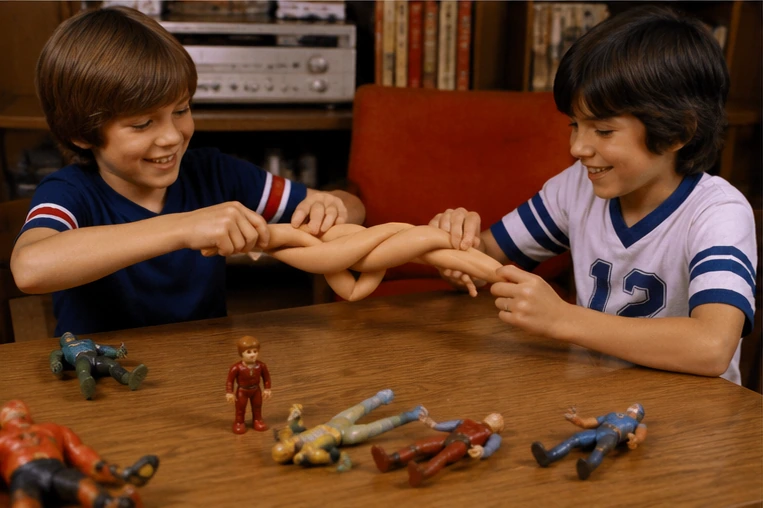Children twisting and knotting Stretch Armstrong while other 1970s action figures lie on a table