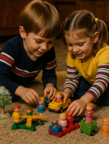 Two children sorting Little People figures, vehicles and furniture during floor play