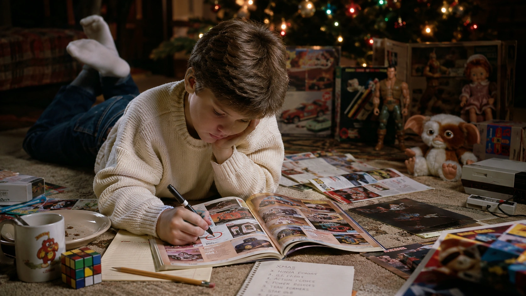 Child circling toys in an 80s Christmas wish book beside a handwritten holiday list