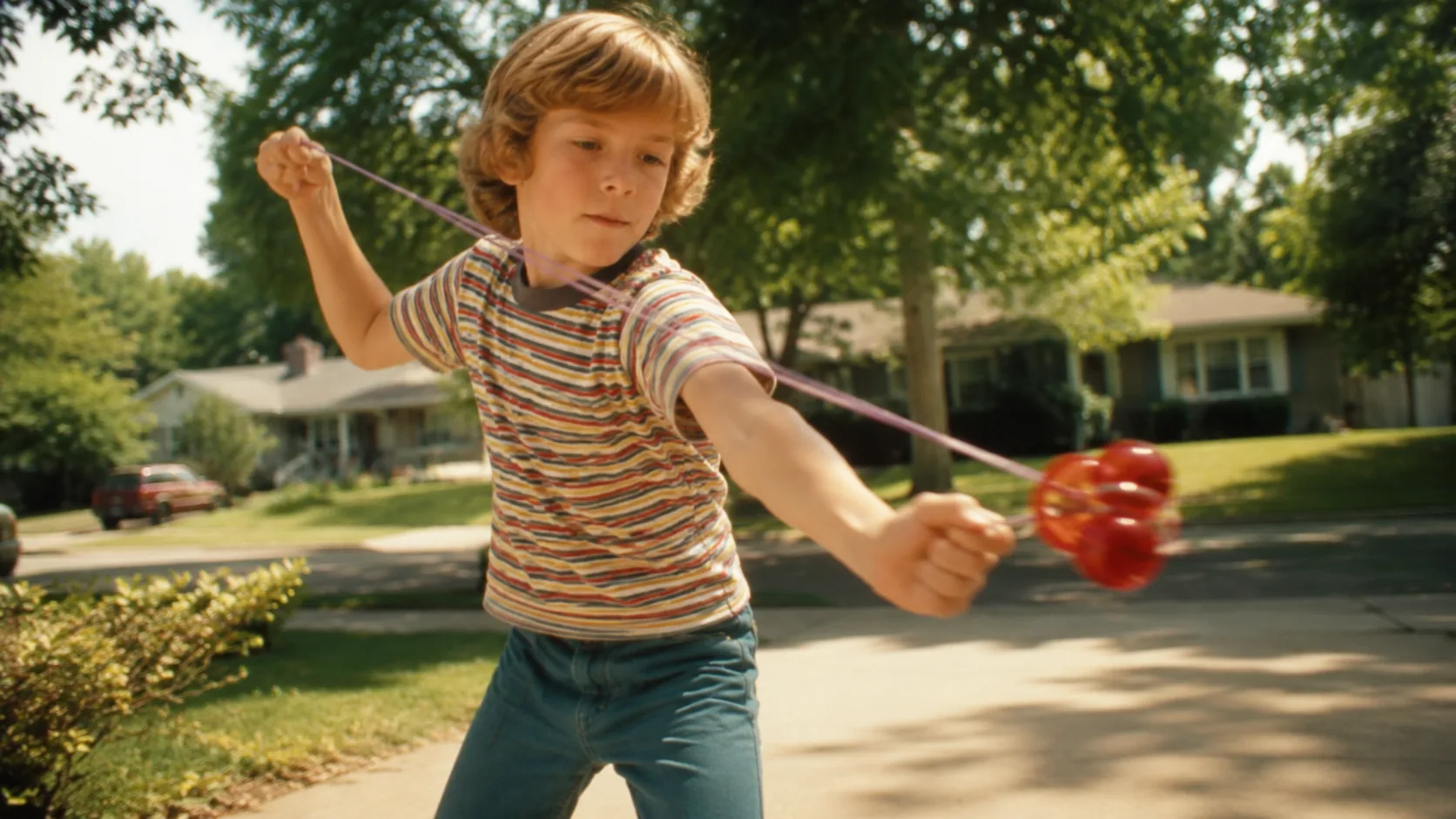 A child swinging clackers outdoors during the 1970s playground craze
