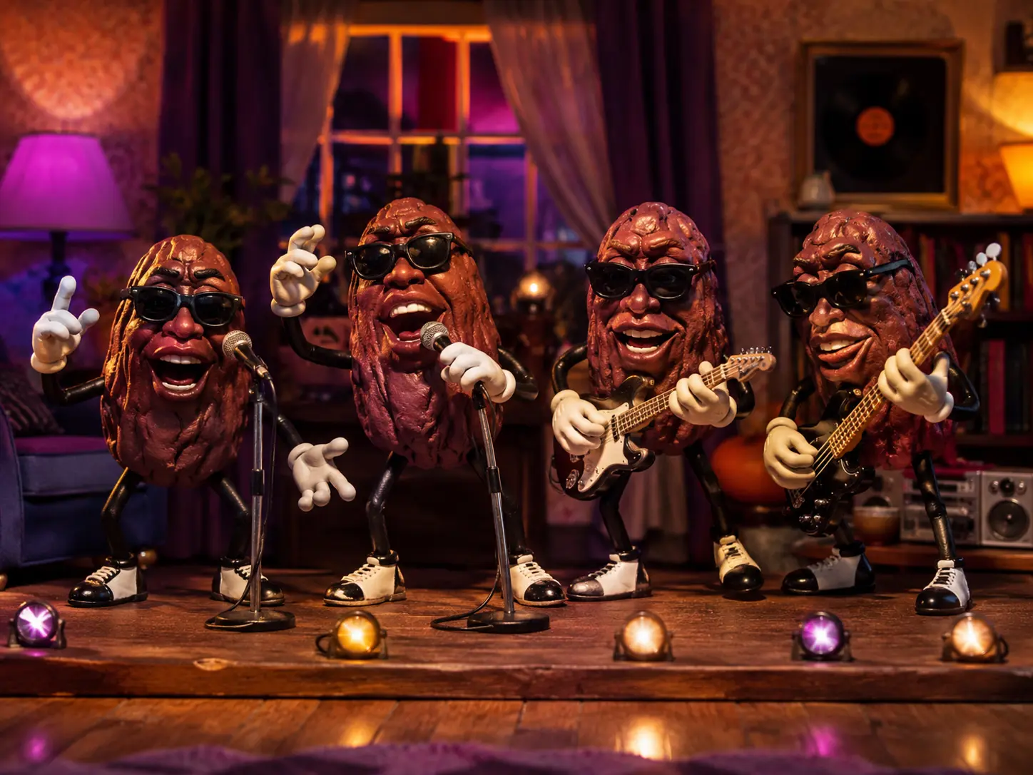 Clay-style raisin soul band singing and playing instruments on a purple and amber late-1980s stage