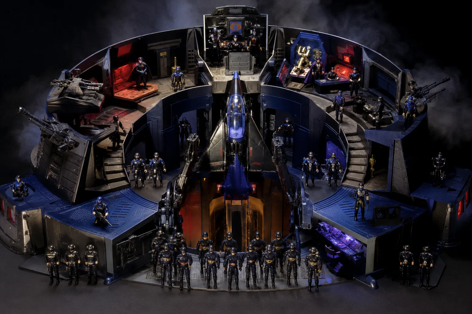 Circular villain fortress playset with multiple command rooms, gun stations, troop formations, stairways, and a small aircraft in the center launch area.