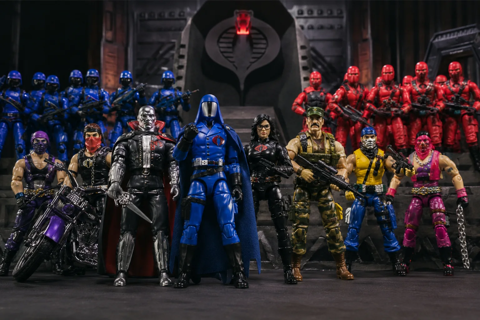 Dramatic lineup of masked commanders, armored villains, black-clad intelligence officers, mercenaries, motorcycle thugs, blue soldiers, and red elite guards.