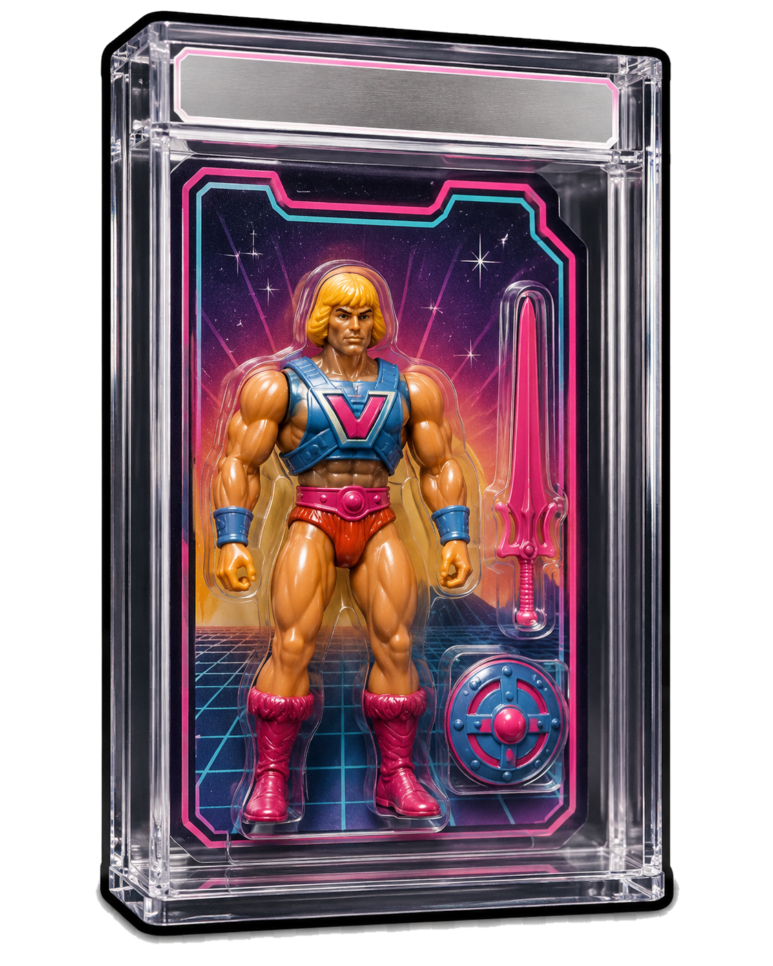 Vintage-style action figure protected in a clear collector display case