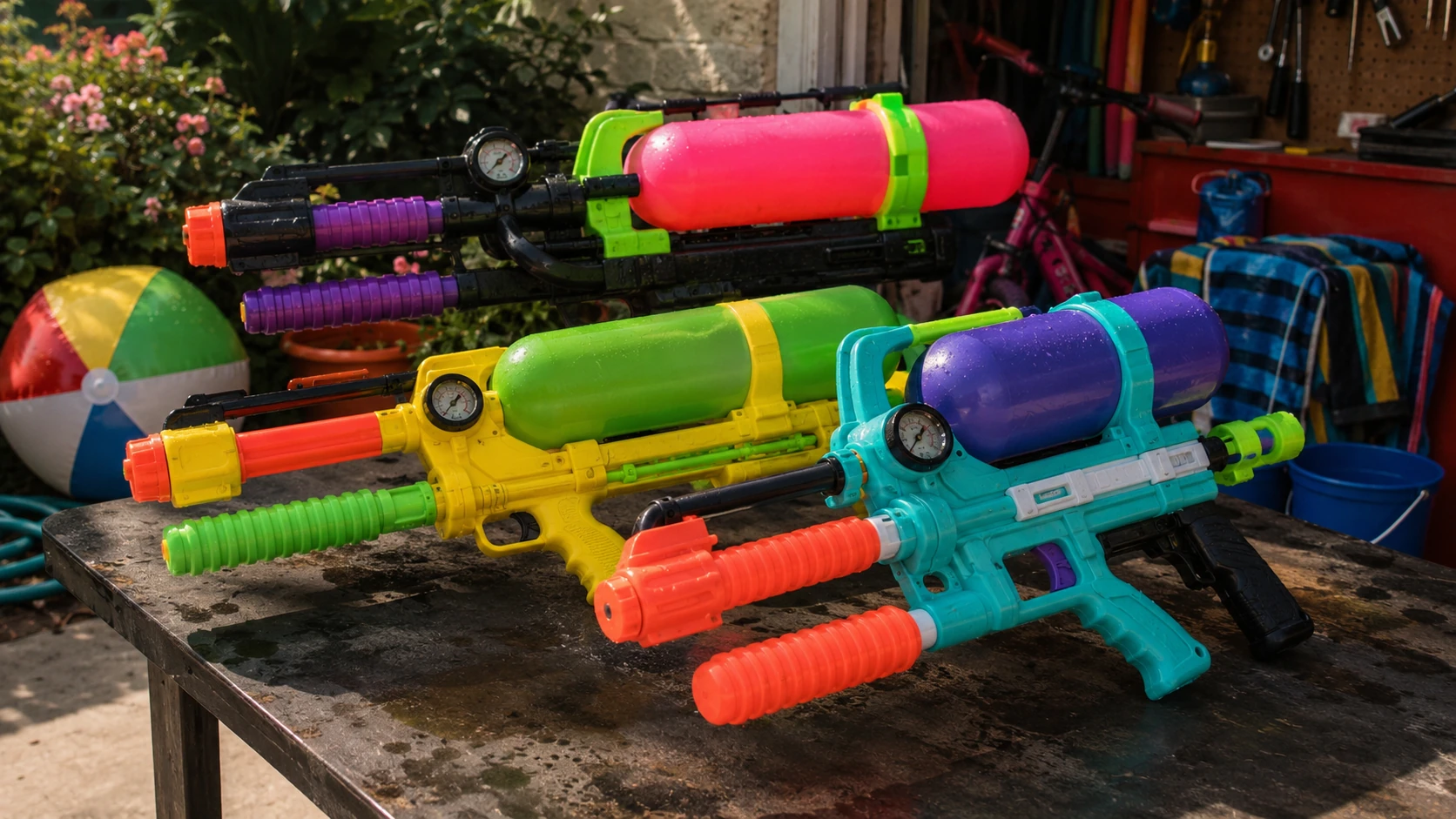 Colorful mid-90s-style pressure water blasters with gauges and large chambers on a garage workbench