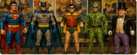 Small molded 1970s comic-book action heroes and villains posed together in compact scale