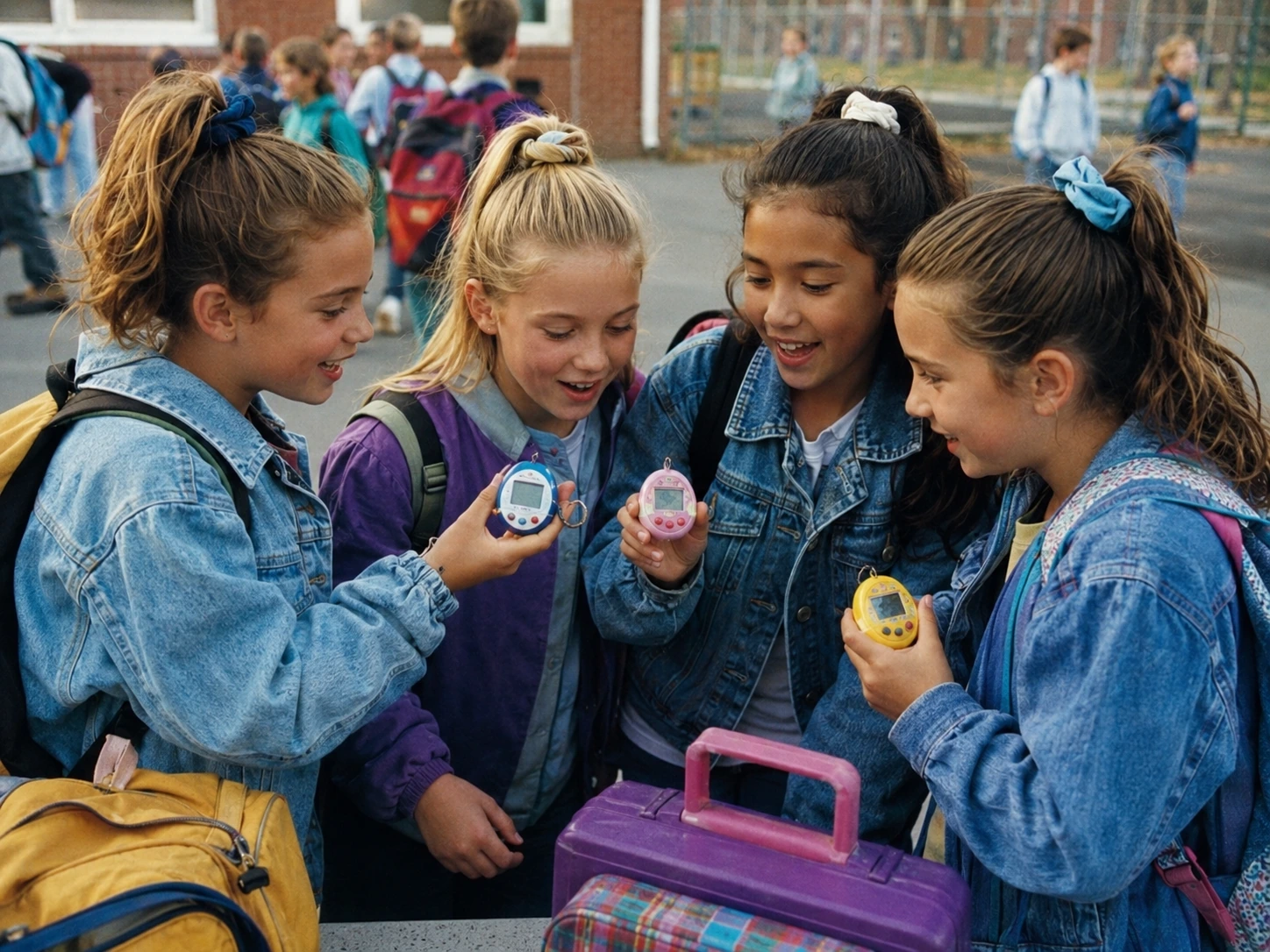 Students comparing colorful digital pets during a 1990s school recess