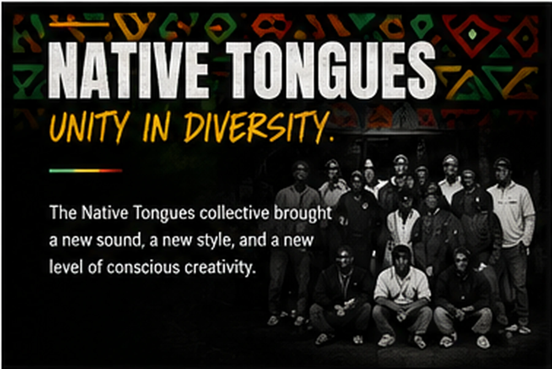 Native Tongues inspired 90s conscious rap collage with jazz records, turntables, notebooks, bright streetwear, college radio flyers, and cassette tapes