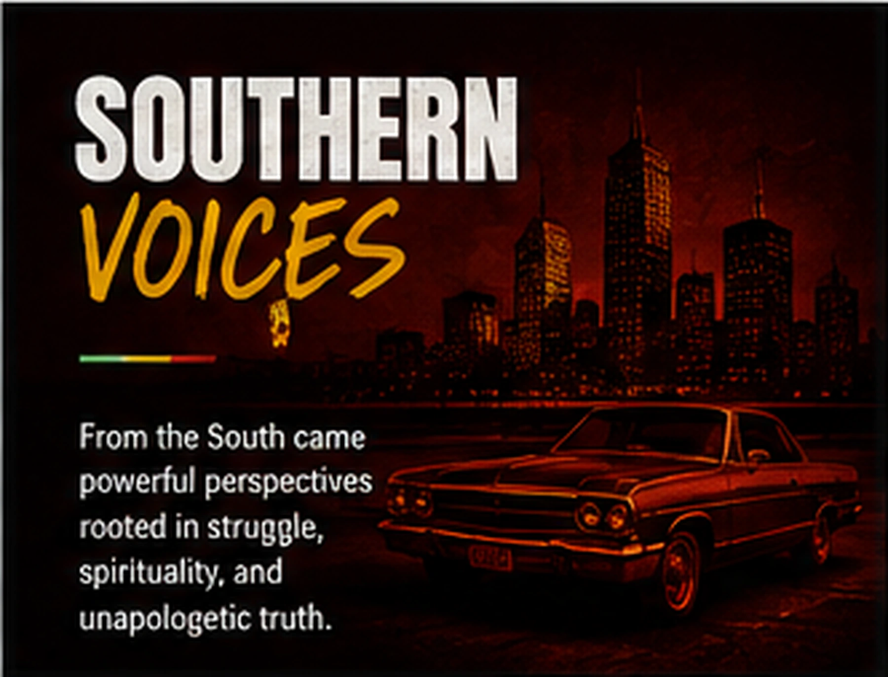 Southern conscious rap collage with Atlanta streets, church windows, soul food table, cassette tapes, bass speakers, notebooks, and warm moody lighting