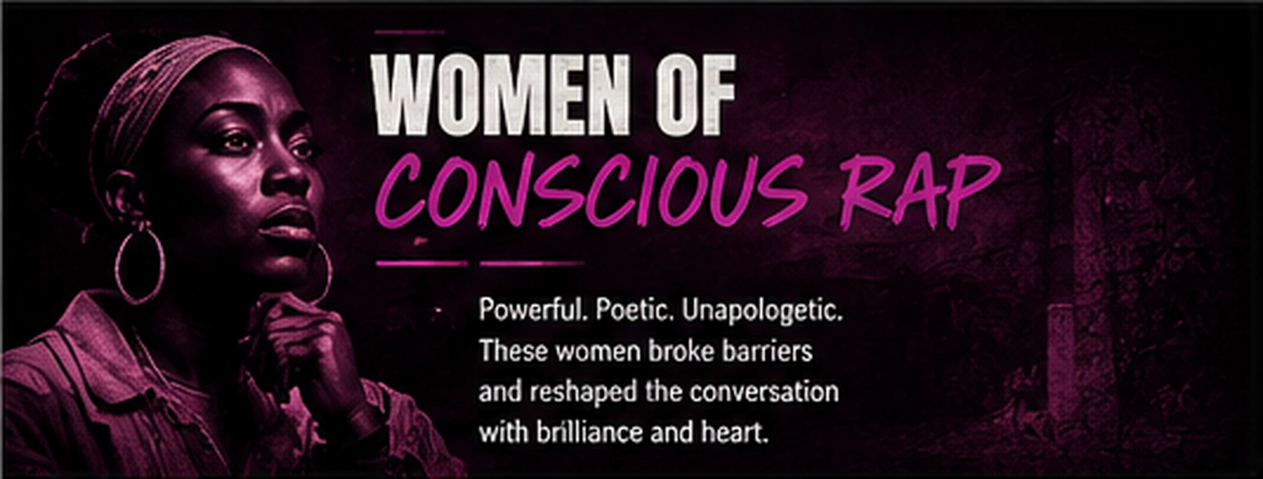 Women of 90s conscious rap collage with microphones, hoop earrings, notebooks, leather jackets, street posters, radio gear, and cassette tapes