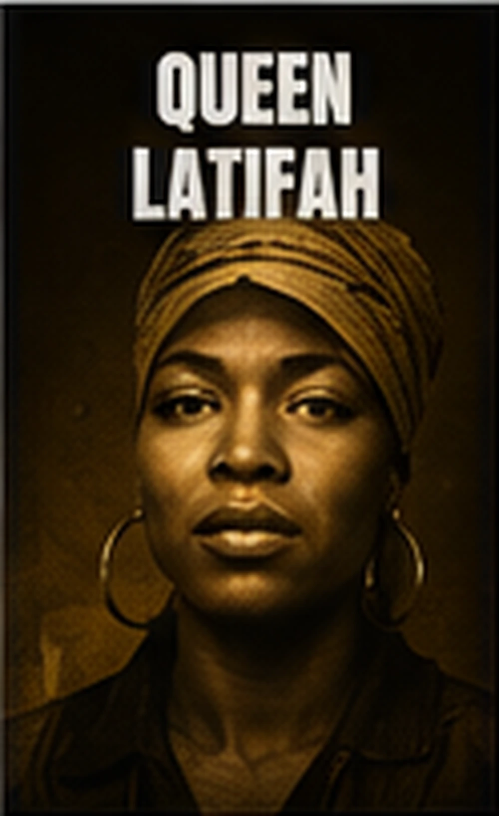 Queen Latifah inspired 90s conscious rap profile image with crown imagery, microphone, Afrocentric patterns, hoop earrings, and message rap style