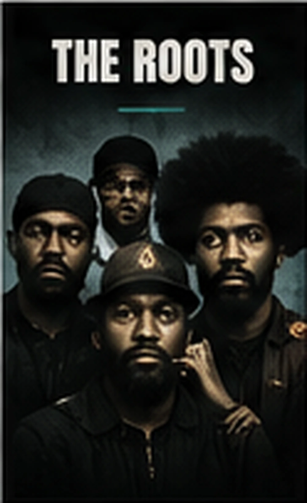The Roots inspired 90s conscious rap profile image with live drums, microphone, Philadelphia night energy, record crates, and late 90s hip-hop soul