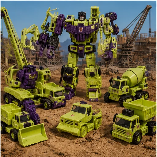 Bright green-and-purple construction vehicles and robots combining into one large mechanical warrior on a miniature construction site.