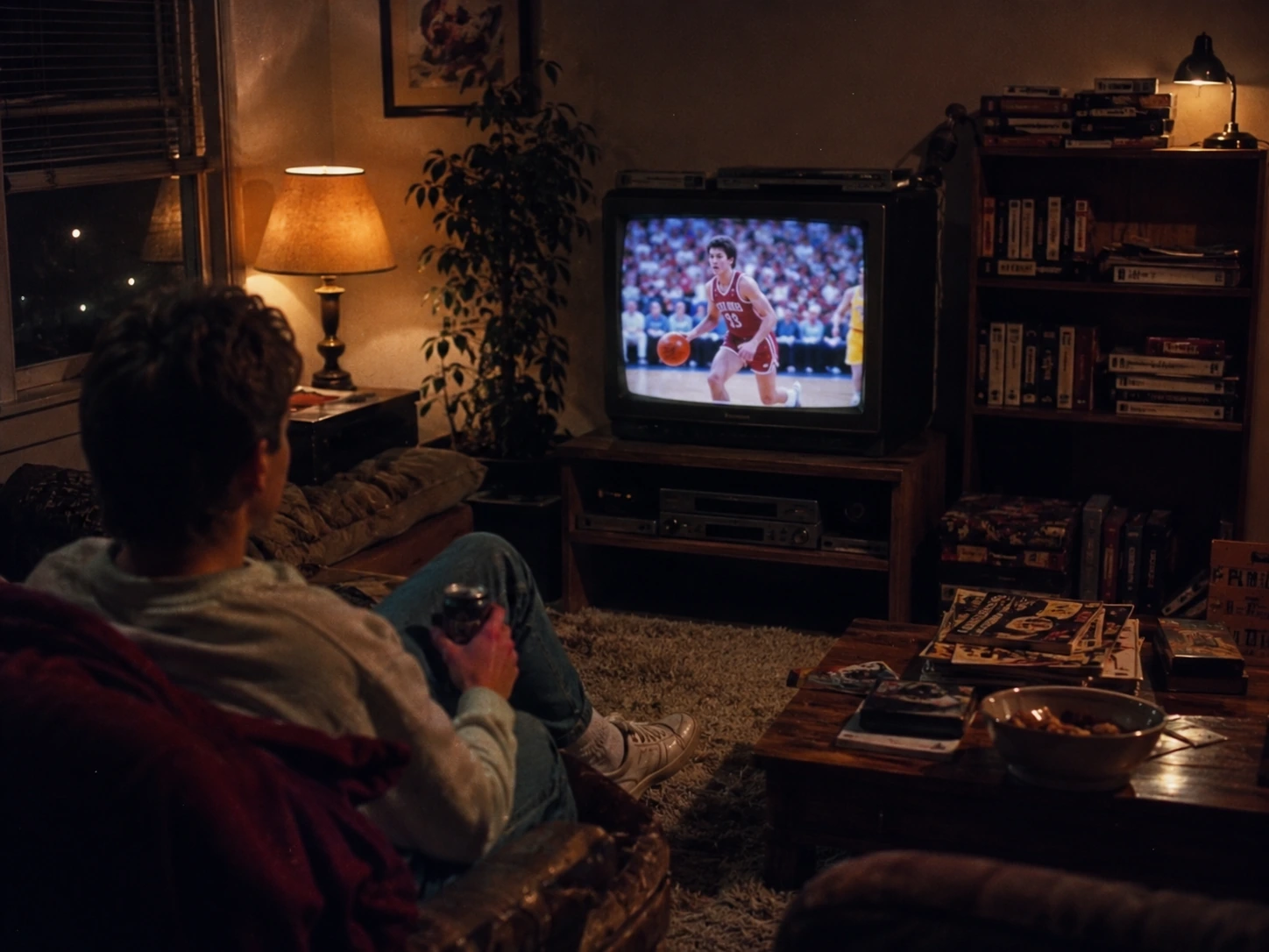 Late-1980s living room with a viewer watching basketball on a glowing CRT television