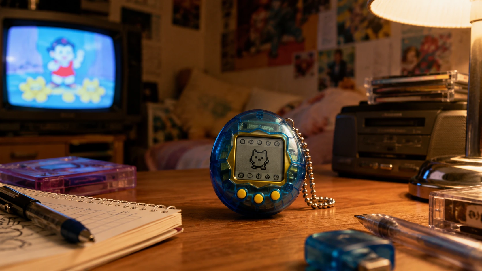 Original-style digital pet on a 1990s bedroom desk beside a CRT television, cassette player and school notebook