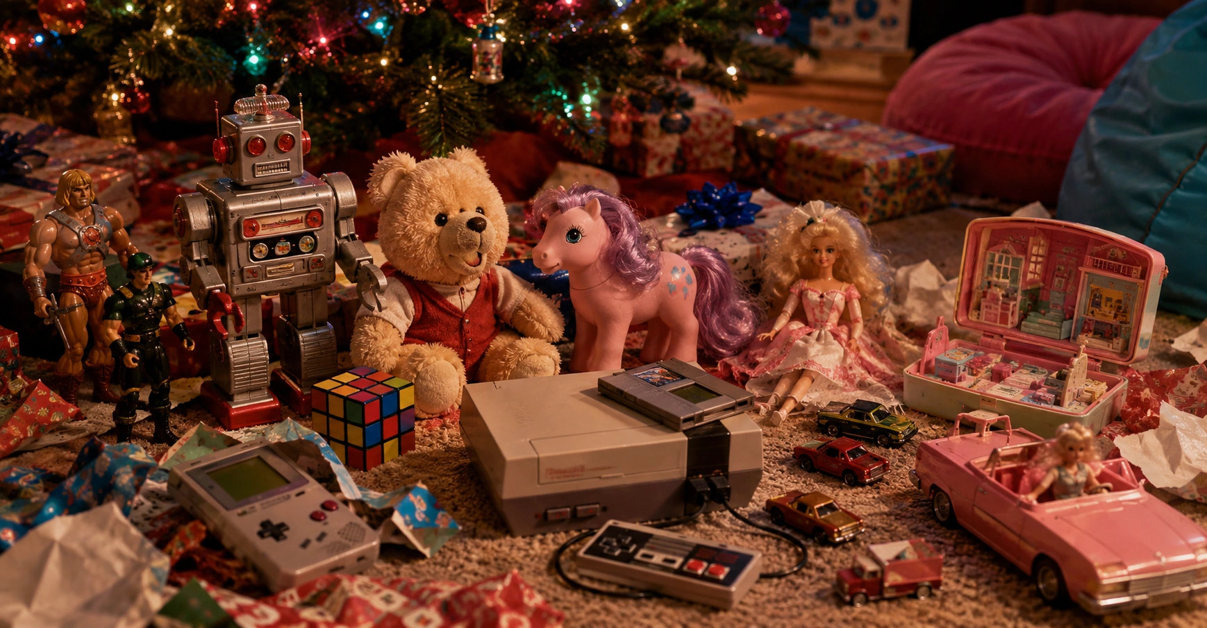 Christmas morning in the 1980s with toys, wrapping paper, a game console, dolls, and action figures