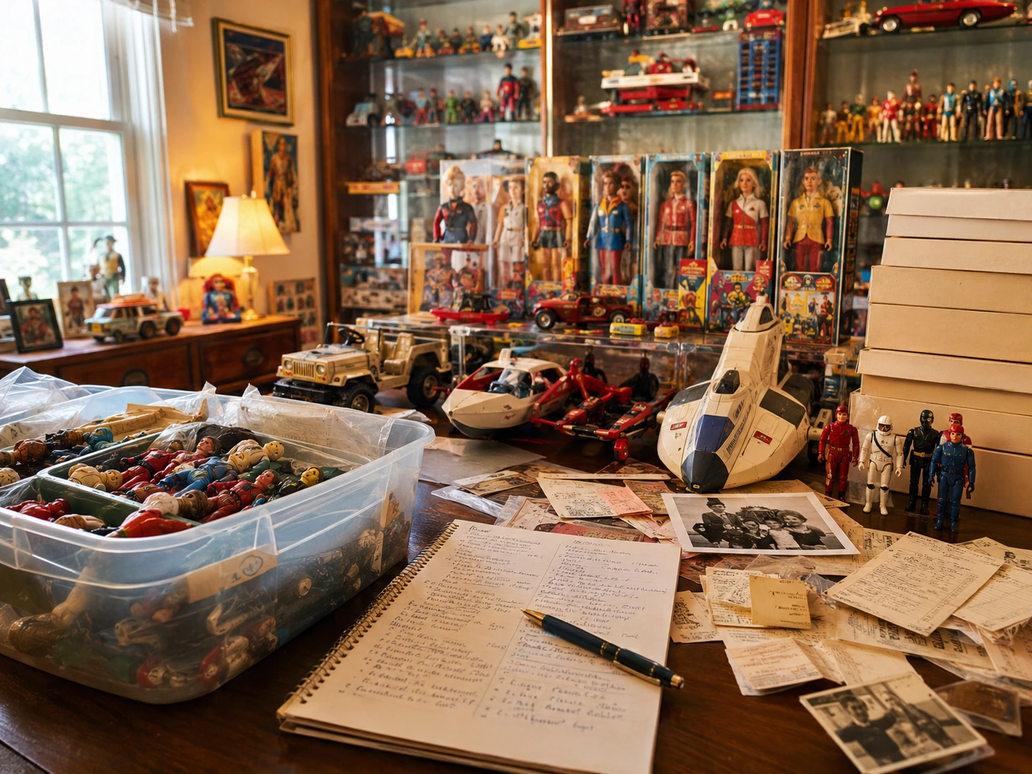 Inherited vintage toy collection with display cases, boxed toys, vehicles, paperwork, receipts, photographs, and handwritten inventory notes