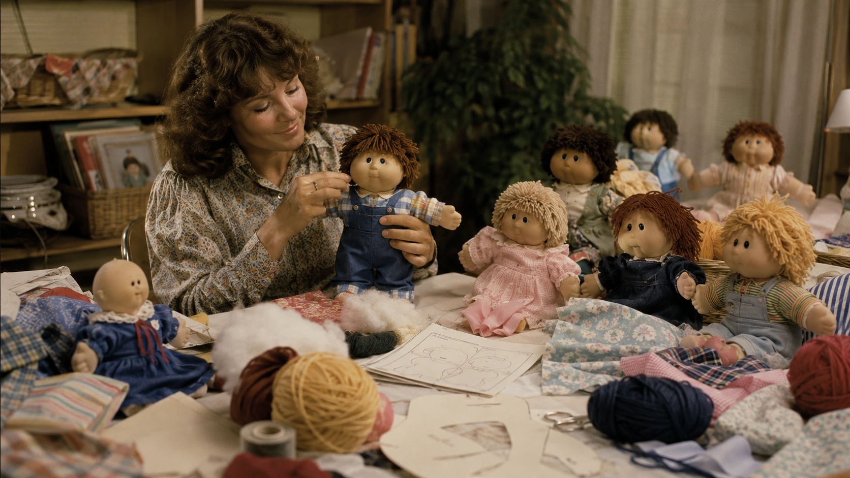 Late-1970s craft workspace with handmade soft-sculpture dolls, fabric, yarn, patterns, and sewing supplies