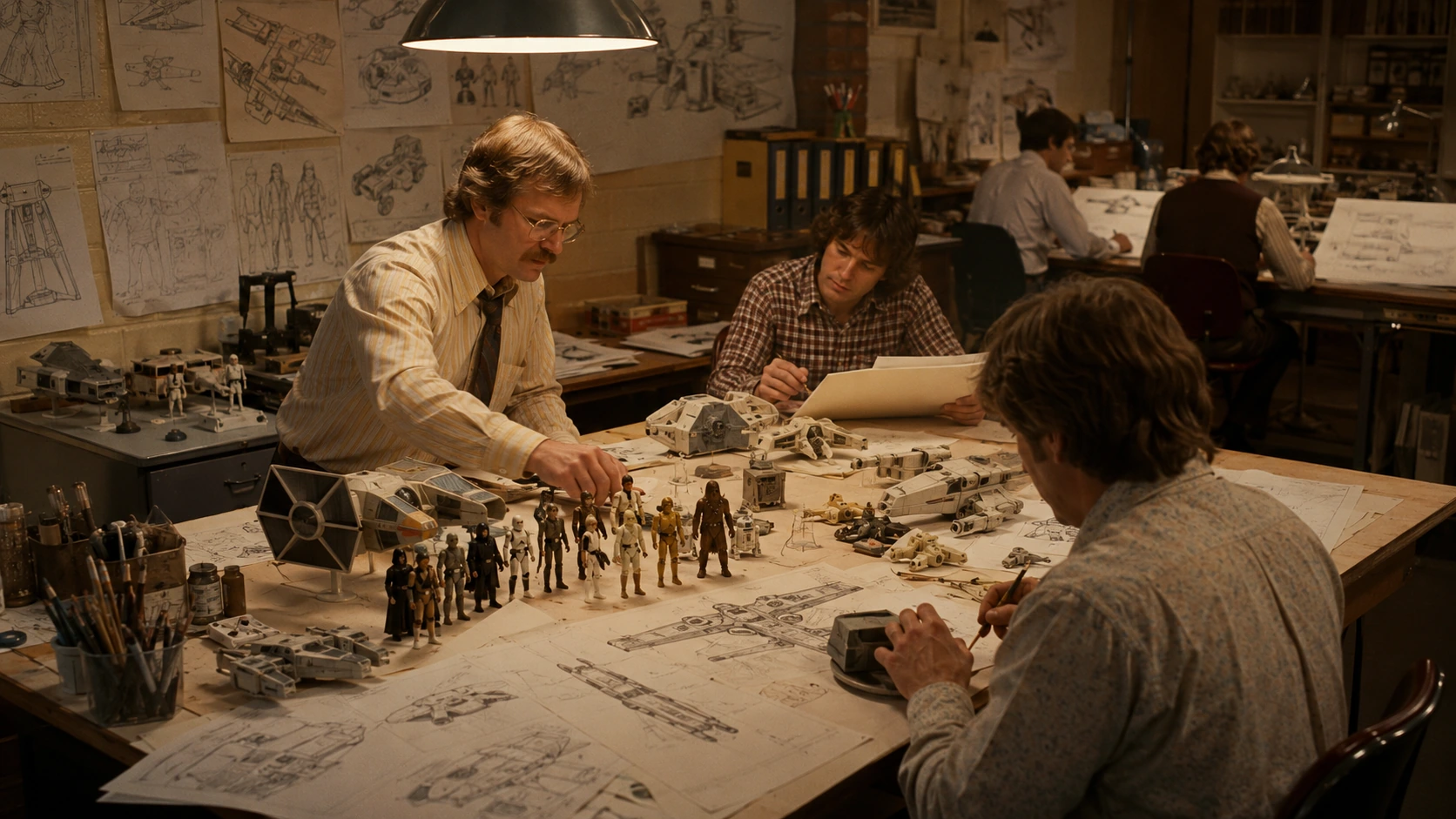 Late-1970s toy designers working around small action-figure prototypes, spacecraft models and hand-drawn engineering plans