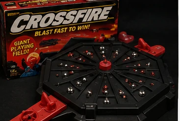 Crossfire board game with launchers and metal balls