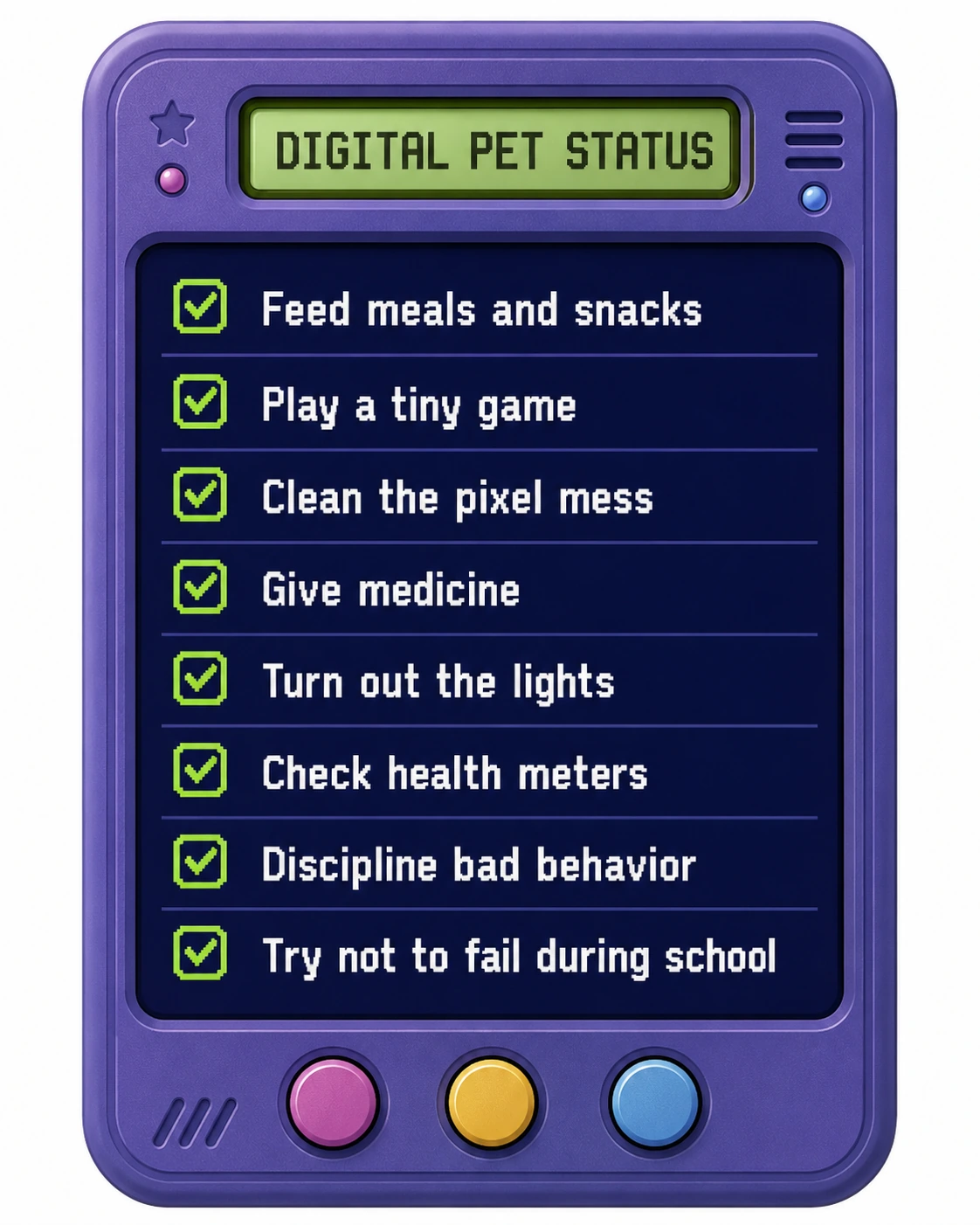 Mobile-friendly Digital Pet Status checklist showing feeding, games, cleaning, medicine, lights, health and discipline