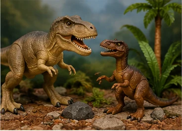 Realistic 1990s-style dinosaur action figures posed in a miniature jungle scene