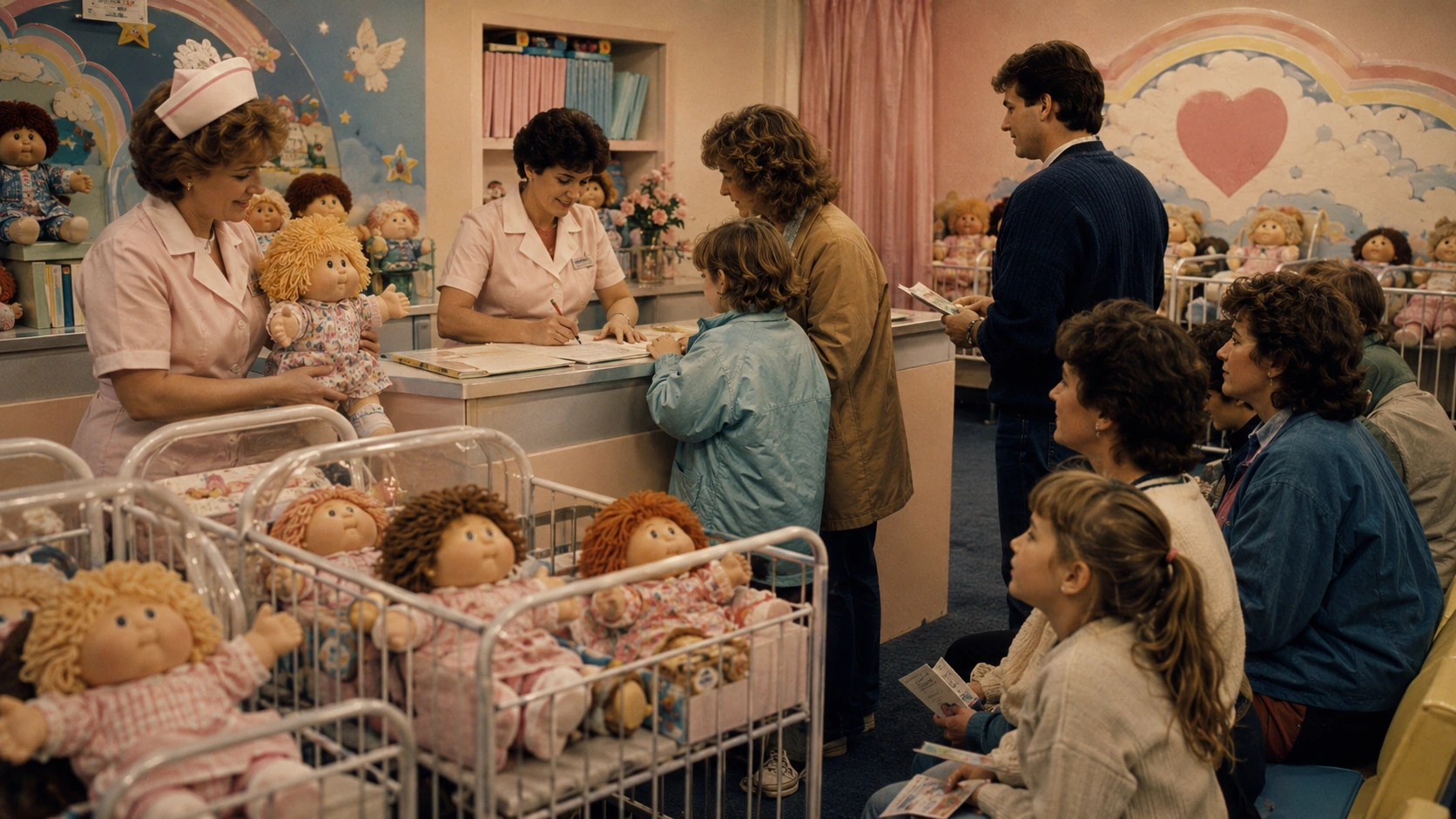 Pastel hospital-style doll adoption room with nurses, bassinets, paperwork, children, and waiting families