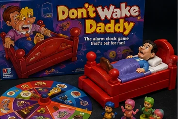 Dont Wake Daddy board game with plastic bed and alarm clock mechanism
