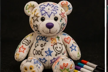 White Doodle Bear covered with colorful washable marker drawings