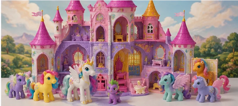 Large pastel castle playset with towers, rooms, furniture, a white unicorn ruler, a small dragon companion, and visiting ponies.
