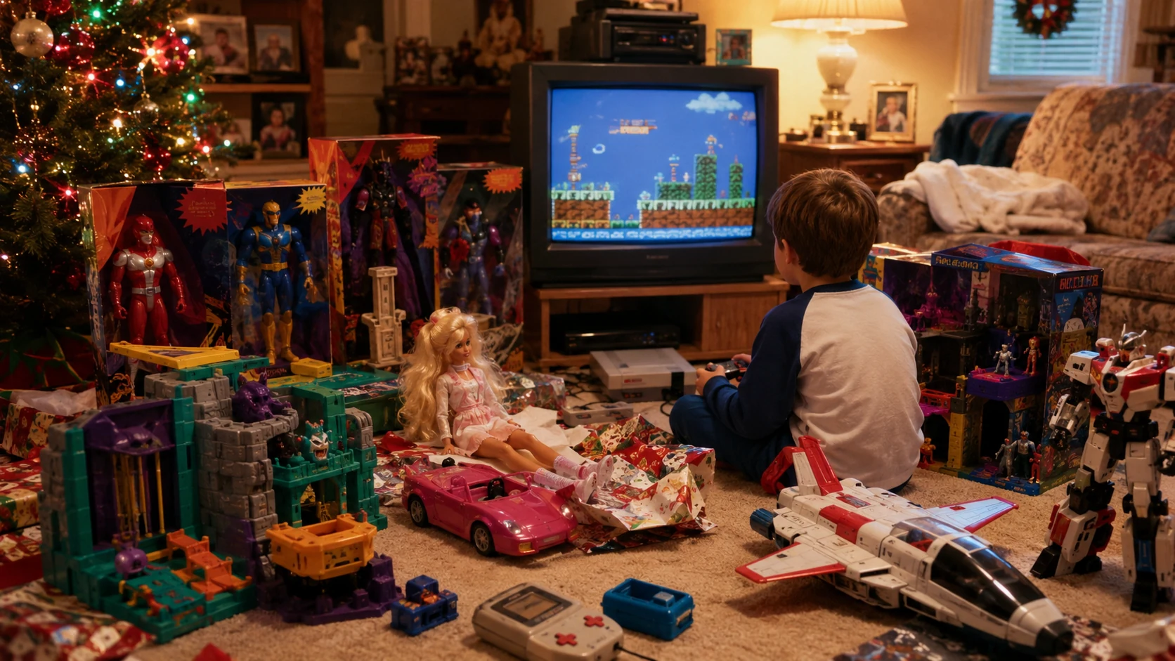 Early 1990s Christmas morning with action figures dolls playsets handheld gaming and a CRT television