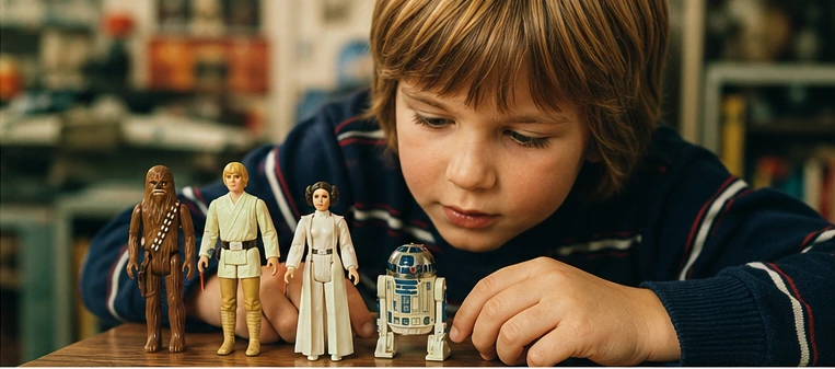 A child arranging the four Early Bird figures—Luke, Leia, Chewbacca and R2-D2—on a tabletop