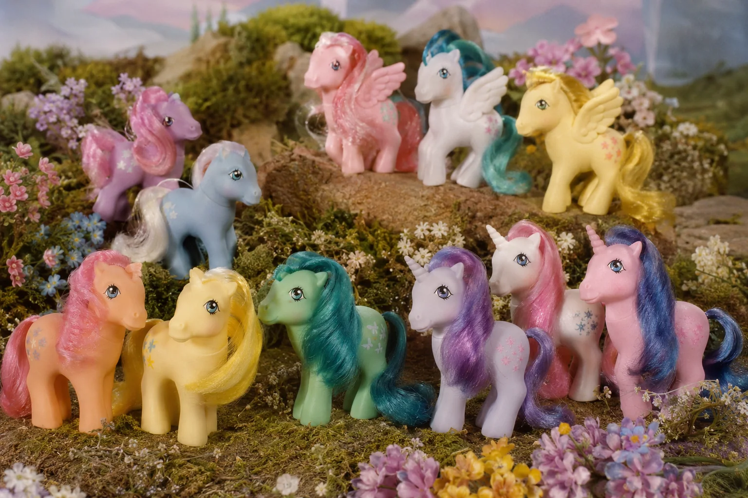 Fantasy meadow filled with sturdy Earth Ponies, horned unicorns, and winged Pegasus Ponies posed together as one colorful herd.