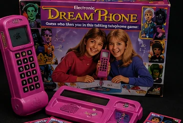 Electronic Dream Phone game with pink phone and character cards