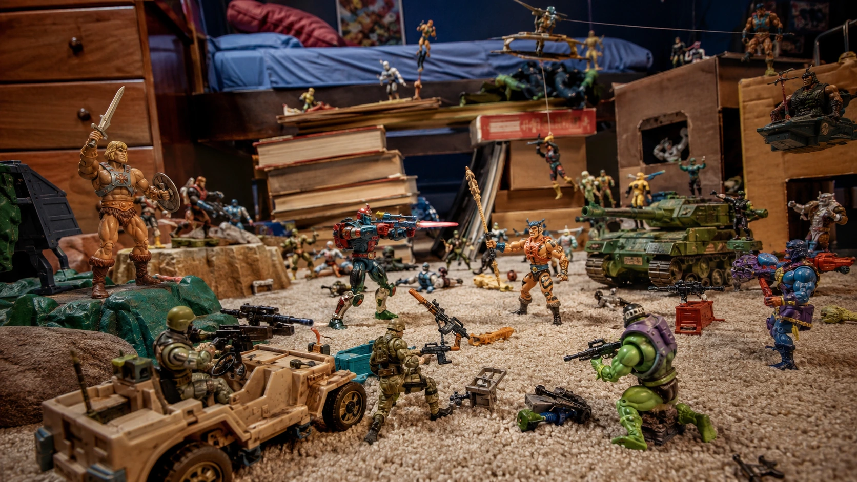 Action-figure battle spread across an 80s bedroom carpet with homemade forts, vehicles, and mixed toy lines